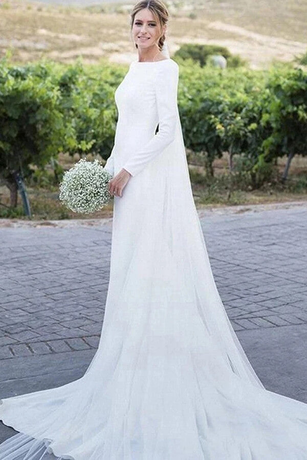 Simple Modest Long Sleeves Sheath Bridal Dresses Country Wedding Dress,  MW515