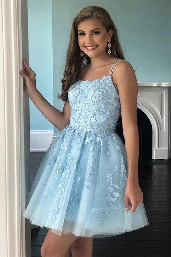 Sky Blue A-line Spaghetti Straps Lace Appliqued Short Homecoming Dress,  MH546