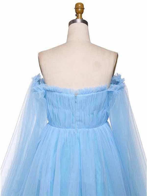 Sparkly Tulle Sky Blue A-line Scoop Prom Dresses, Long Formal Dresses, SP805
