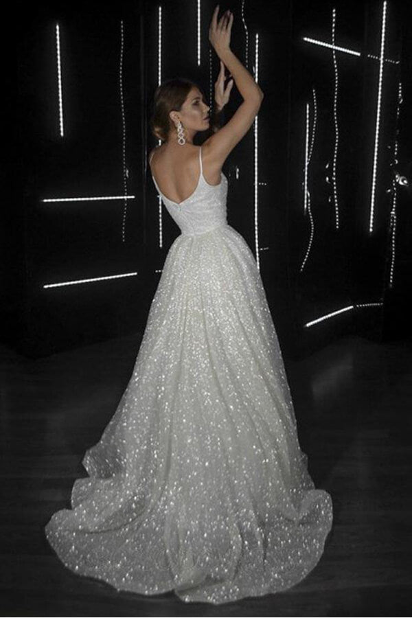 Sparkly A-line V-neck Spaghetti Straps Wedding Dresses, Bridal Gowns, MW688