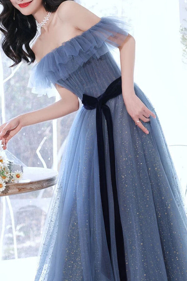 Off the Shoulder A-Line Blue Tulle Lace Sweetheart 3D Flowers Prom