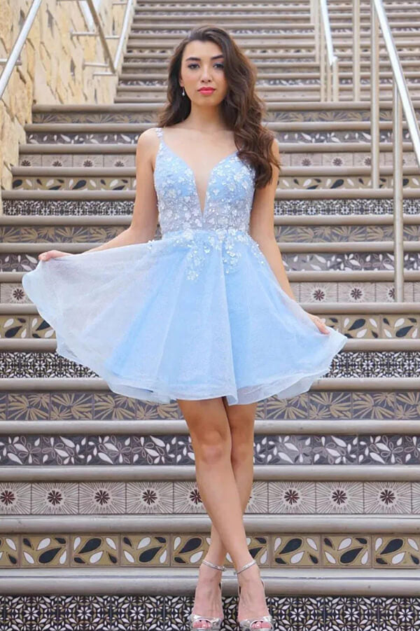 Sky Blue Spaghetti Straps A-line Lace Backless Short Homecoming Dresses,  MH516