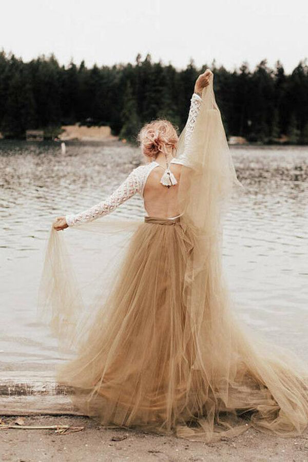 Bridal Bodysuit With Tulle Skirt Wedding Dress, Long Sleeve Lace