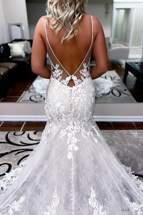 A-line Tulle Lace Country Wedding Dresses Backless Bridal Dress