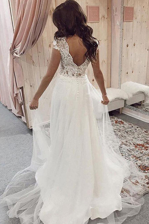 White Lace Wedding Dress V Neck A-Line Wedding Dress Short Sleeves