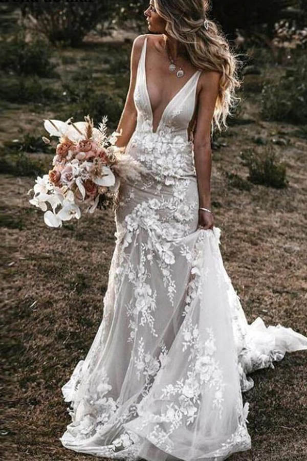 Unique Sleeveless Deep V-neck Lace Long Wedding Dresses  Lace mermaid  wedding dress, Wedding dress styles, Online wedding dress
