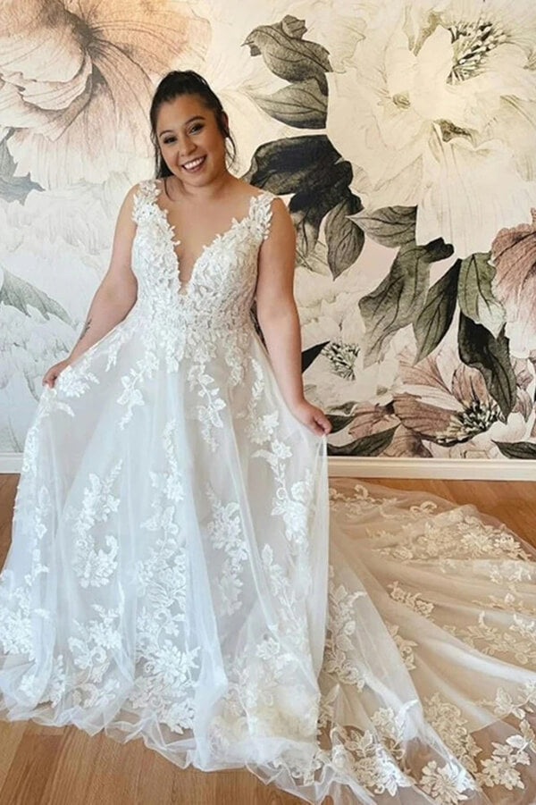 Tulle Lace Plus Size A-line V-neck Wedding Dresses MW752 | Musebridals