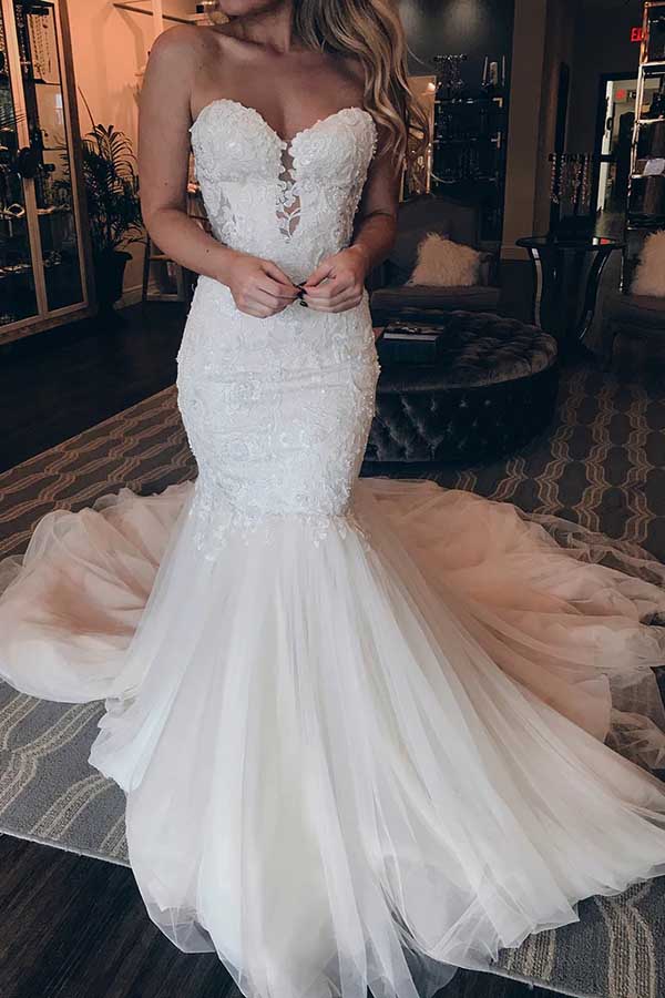 Tulle Mermaid Sweetheart Strapless Lace Wedding Dresses, Wedding Gown, MW798