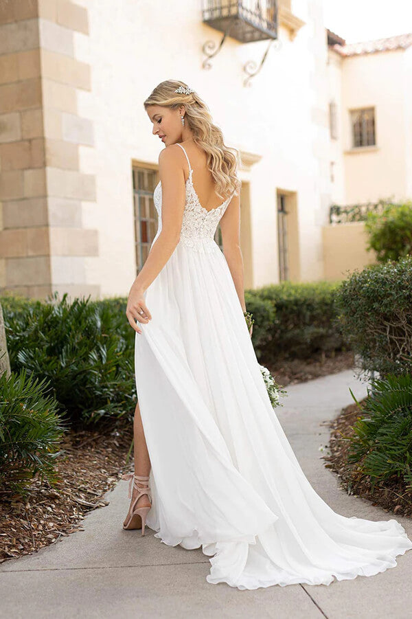 White Spaghetti Straps Open Back Lace Beach Wedding Dresses, MW212 –  Musebridals