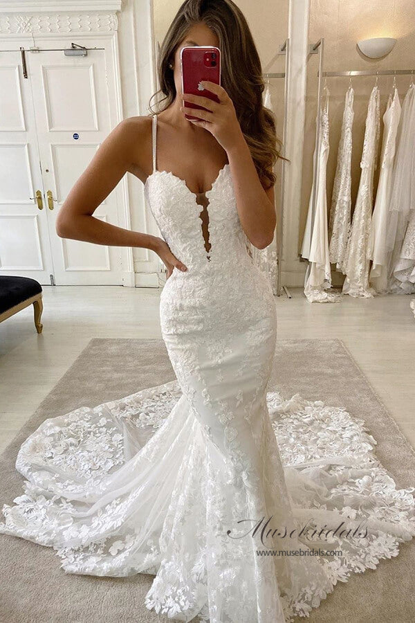 Bohemia Strapless Wedding Dresses with Court Train Mermaid Backless Bridal  Gowns