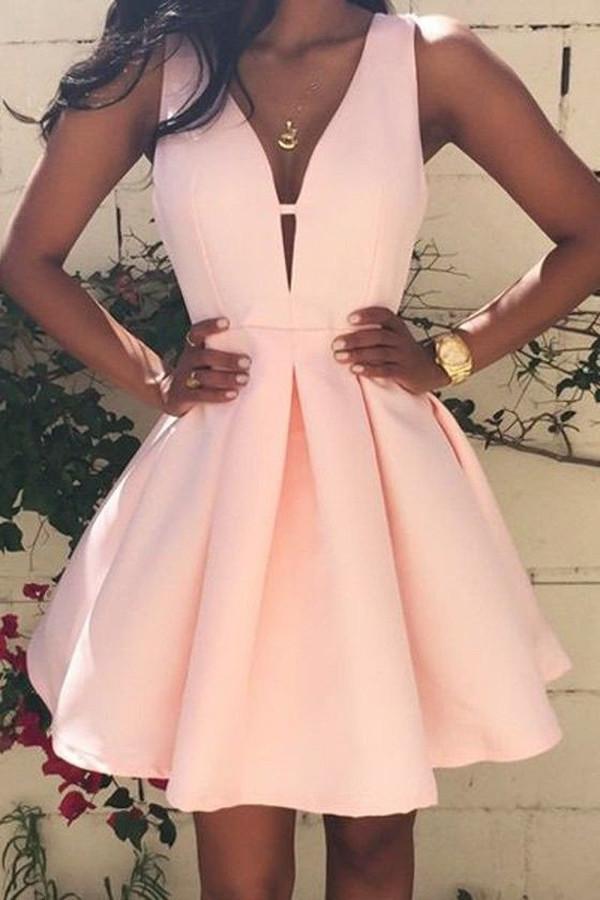 Cute V Neck Short Pink Satin Prom Dresses, V Neck Pink Homecoming Dres –  Eip Collection