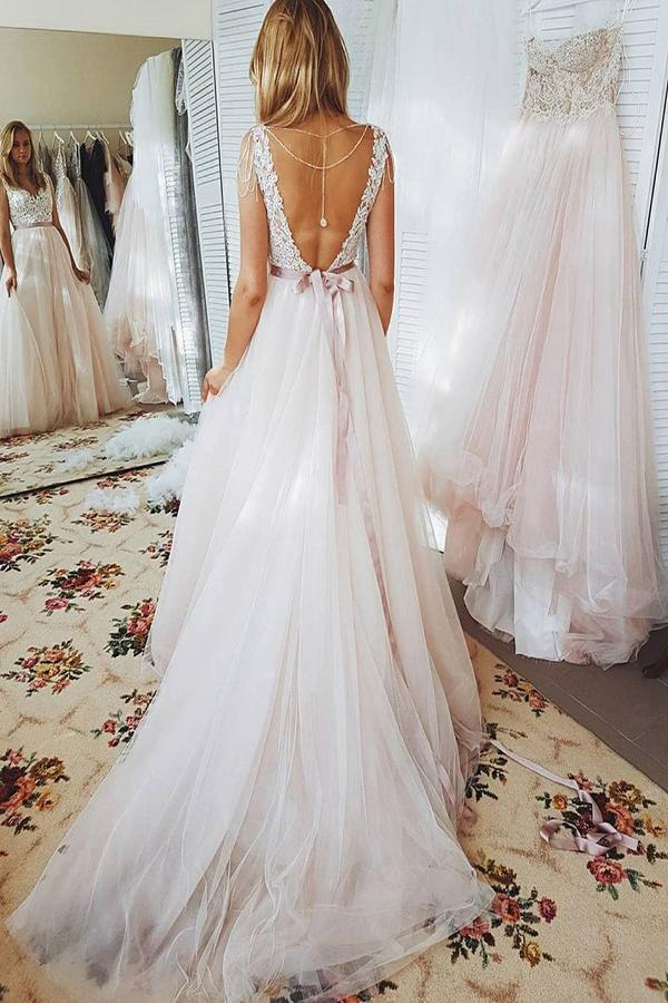 Lace Bodice Spaghetti Strap A-line Wedding Dress