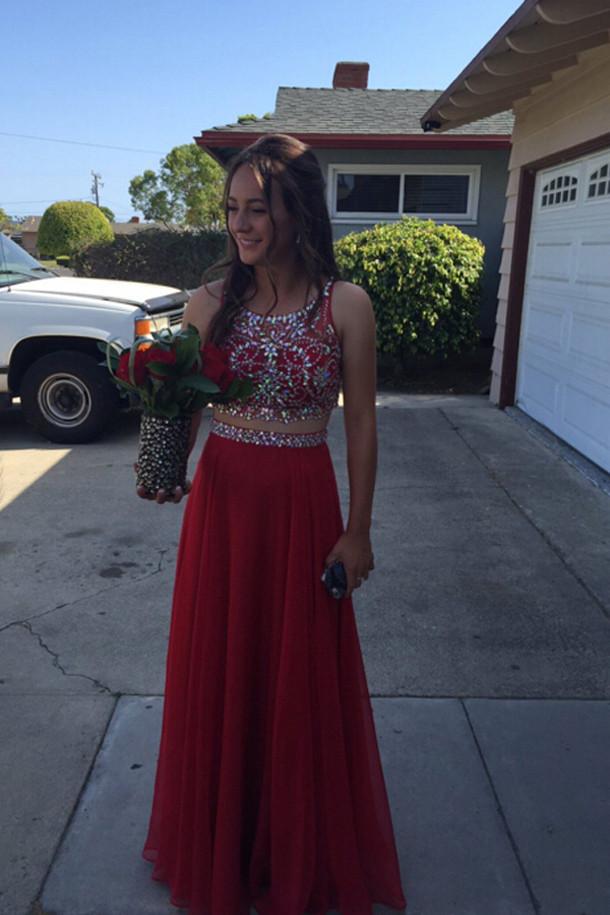 Red two piece off the sales shoulder prom dress