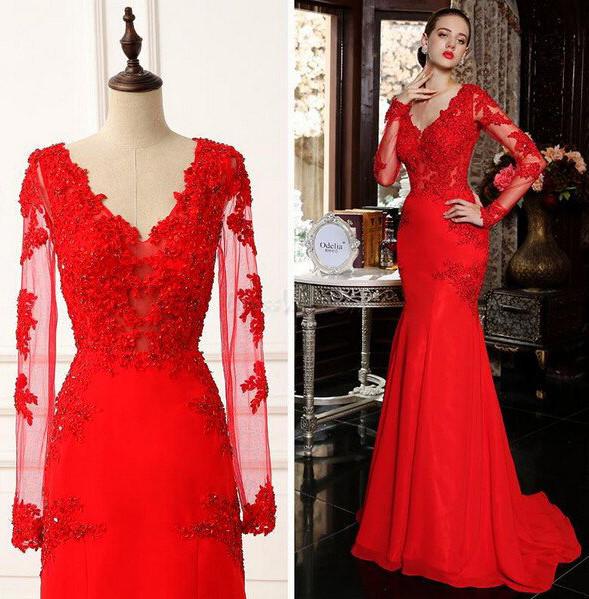 Long Sleeve Mermaid Prom Dresses Long Red Lace Gorgeous Formal