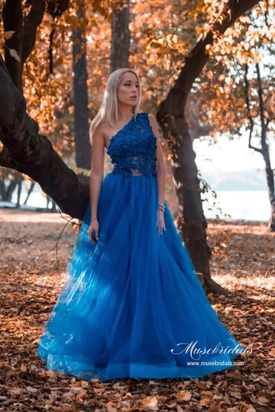 Blue Tulle A-line One Shoulder Lace Appliques Long Prom Dresses, MP890