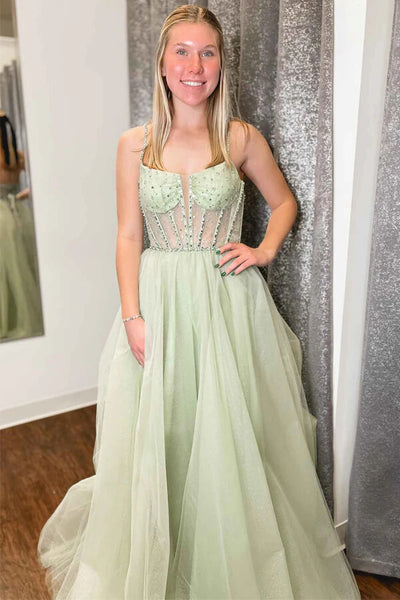 Sage Green Tulle A-line Beaded Prom Dress