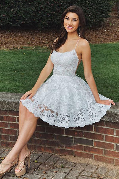 White Spaghetti Straps Knee-length Floral Appliques Homecoming Dresses,  MH470