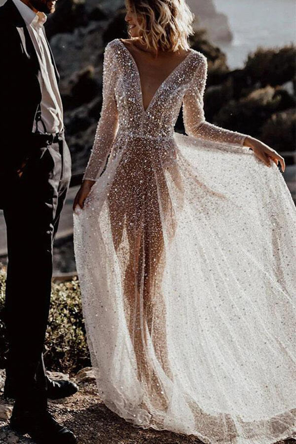 Ball Gown Beaded Bodice Deep V-neck Wedding Dress MW622