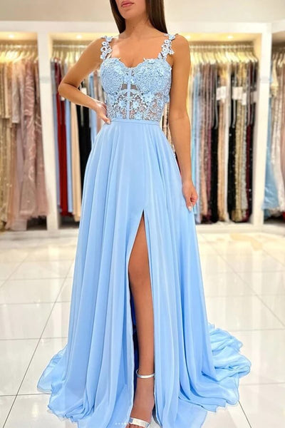 Simple Chiffon A-line blue v-neck Split long prom dress, evening dress,MP473