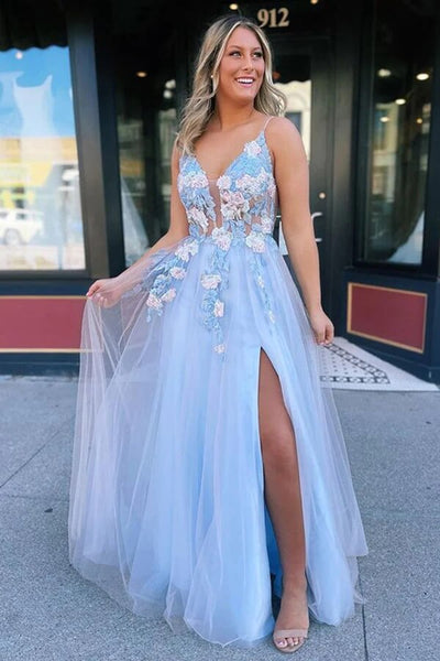 Tulle with Floral Ice Blue Lace Appliqued Prom Dress - VQ