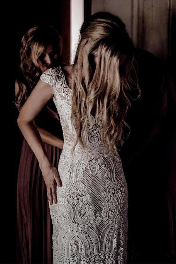 2024 Vintage Champagne Lace Bohemian Wedding Dress A Line Cap