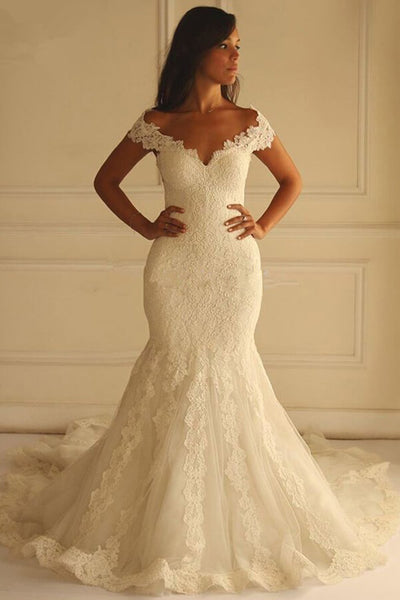 Gorgeous Ivory Mermaid Off-the-Shoulder Lace Wedding Dresses, MW587