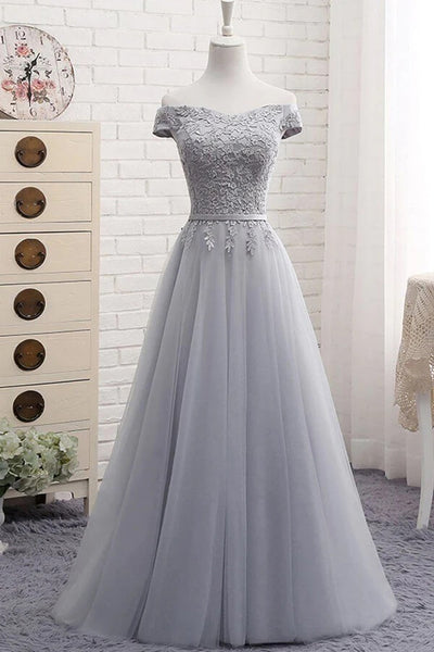 Grey Tulle Off the Shoulder Lace up Prom Dresses MP786