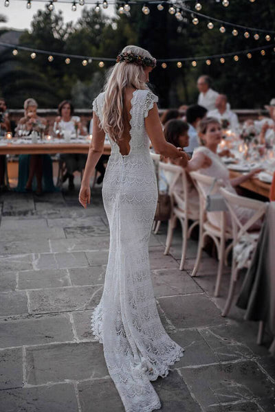 Gorgeous Ivory Backless Lace Mermaid Long Wedding Dresses with Appliques,  MW155