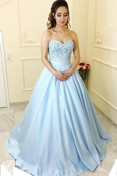 Blue Sweetheart Neck Strapless Satin A-line Princess Long Prom