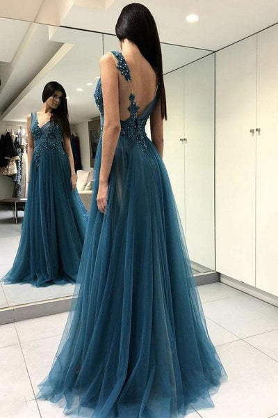 Blue Lace Open Back See Through Long Sleeve Evening Dress, Prom Dresses,  MP141