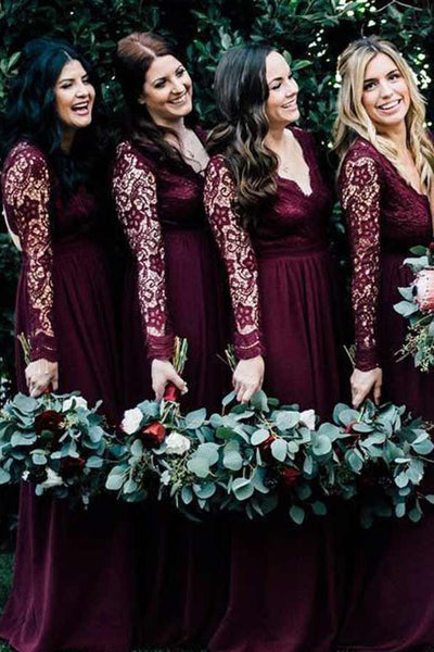 Chiffon Long Sleeves Lace Long Cheap Bridesmaid Dresses Online,MBD134