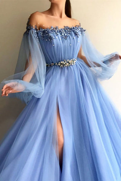 Blue Lace Open Back See Through Long Sleeve Evening Dress, Prom Dresses,  MP141