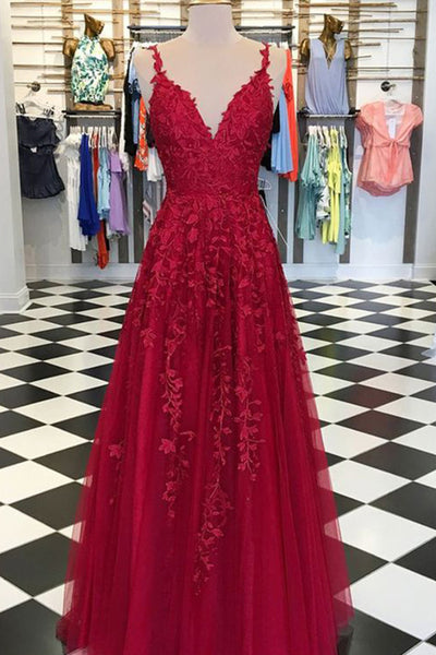 Ruby Red Satin V-neck Spaghetti Straps Prom Dress - Promfy