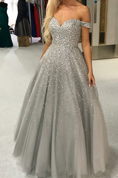 Gorgeous Ball Gown Off the Shoulder Open Back Grey Long Prom Dresses w Musebridals