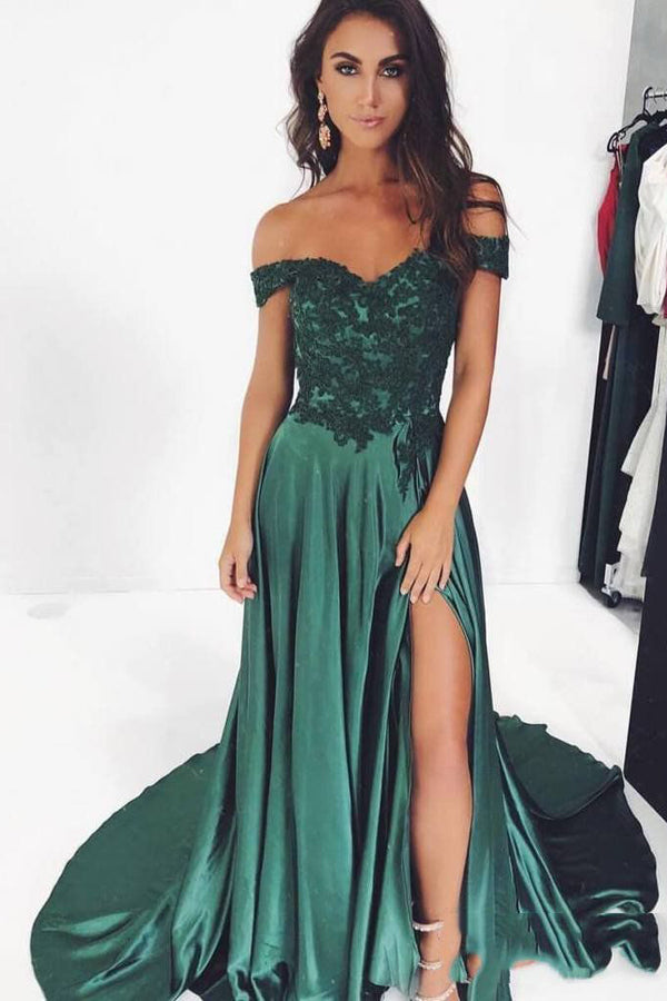 Elegant A-line Off the Shoulder Slit Dark Green Satin Prom Dresses wit ...