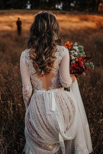 Lace Polka Dot Boho with Sleeves Bohemian Wedding Dress,MW274 – Musebridals
