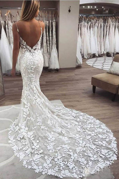 Elegant Mermaid V-neck Open Back Lace Wedding Dresses with Court Train,MW380