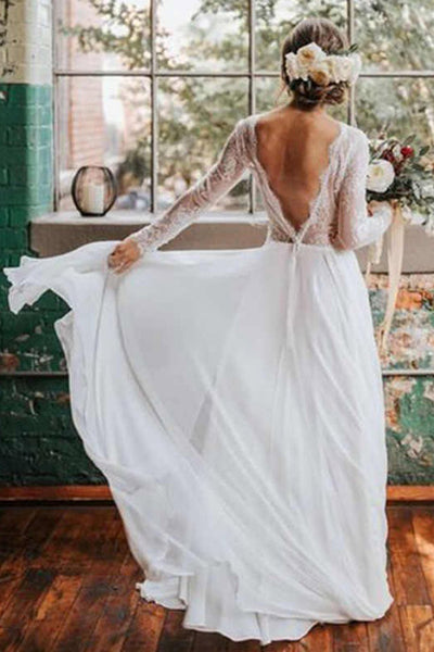 Boho White Lace Wedding Dress Graceful Beach See Through A Line Bridal  Gowns Summer Backless Long Lace Sleeve Custom M US Size 14 Color Ivory