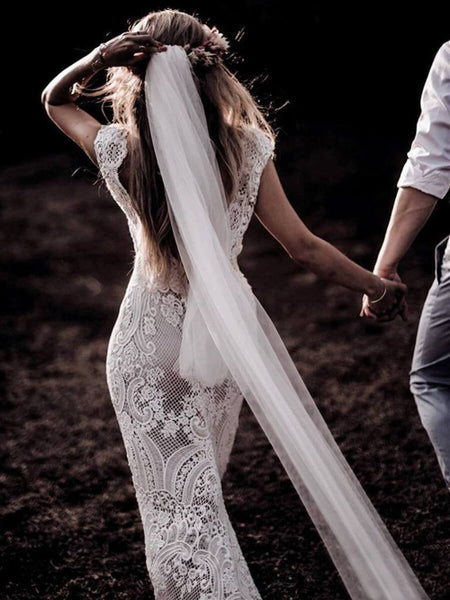 Floral Applique Beach Wedding Dresses Backless Boho Wedding Gown,MW408 –  Musebridals