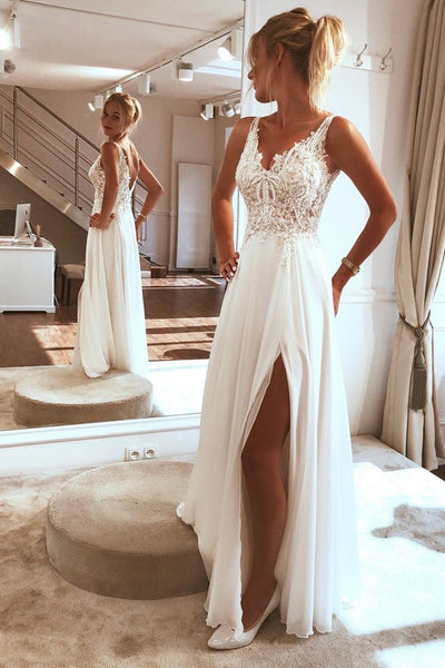 White Chiffon Lace A-line Spaghetti Straps Flowy Beach Wedding Dresses,  MW756