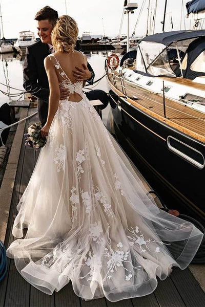 Charming Spaghetti straps Appliques Lace Wedding Dress,Split Chiffon B –  Musebridals