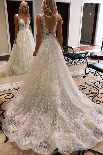 Ball Gown Beaded Bodice Deep V-neck Wedding Dress MW622