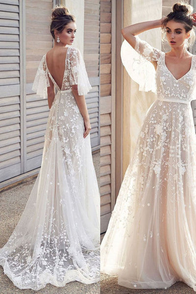 Gorgeous Ball Gown Scoop Neck Open Back Lace Wedding Dresses