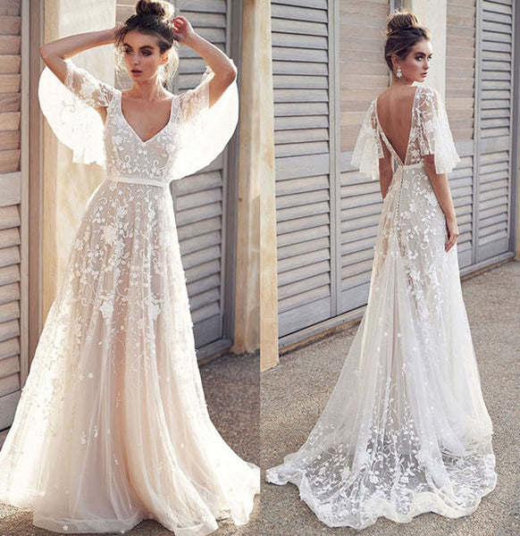Tulle Lace Mermaid V Neck Beach Wedding Dress, MW543