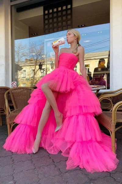 Pink Tulle Tiered Princess A-line V-neck Prom dresses, Long Formal Dress,  MP800