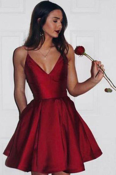 Deep V-neck Satin Backless Red Pleated Slip Party homecoming dresses,MH502  – Musebridals