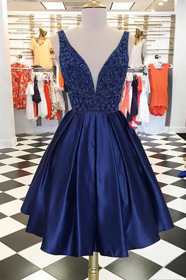 Cute Dark Blue Satin V neck Homecoming Dresses Chic Short Prom Dress ...