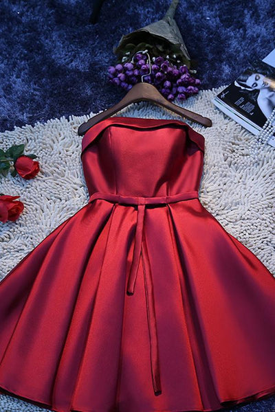 Red Satin A-line Strapless Short Homecoming Dresses, Short Party Dresses,  MH549