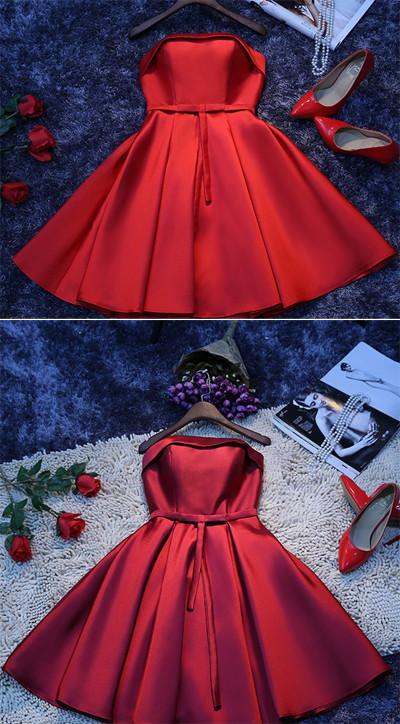 Simple Red Satin A-line Homecoming Dress, Cheap Short Party Dresses for ...