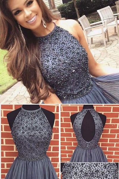 Halter Neck Tulle Sleeveless Beaded A Line Short Homecoming Dress –  Pandrodressy